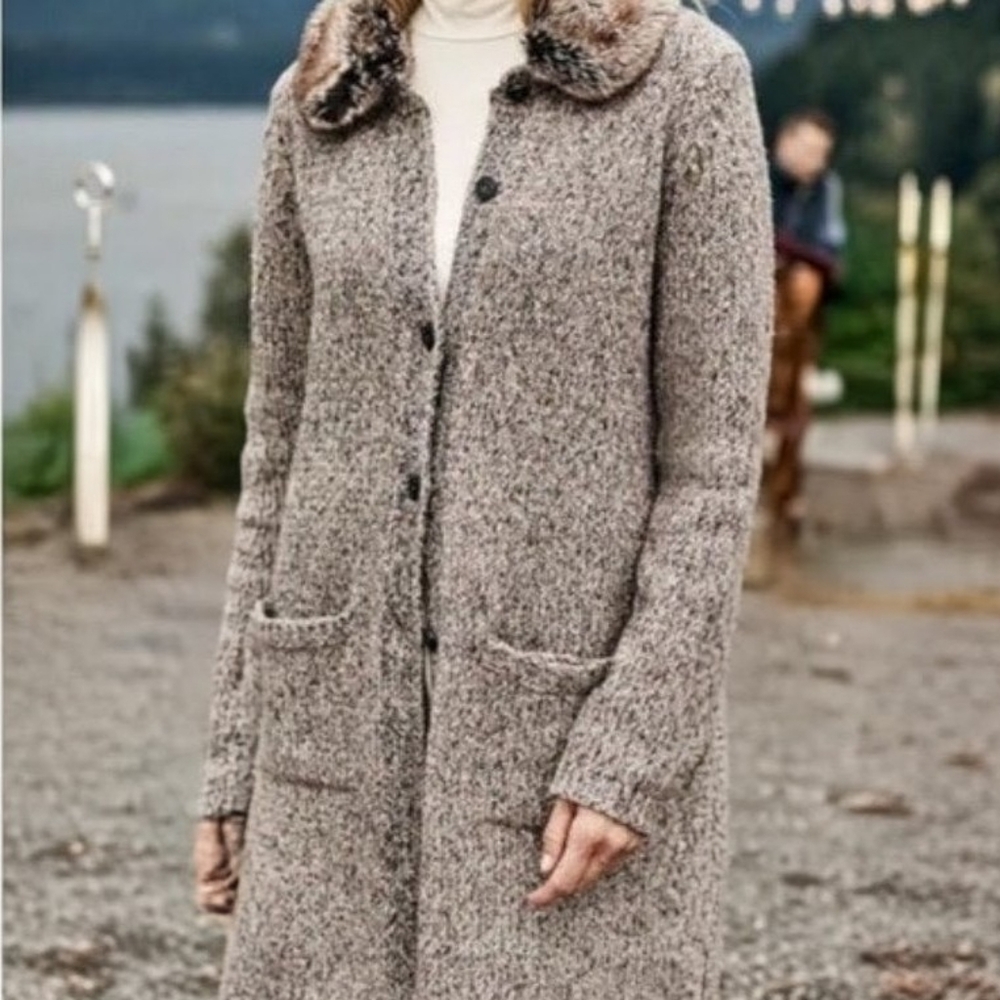 J Jill‎ Women's Tweed Cardigan Sweater Coat Long Cardigan Faux Fur Collar XL